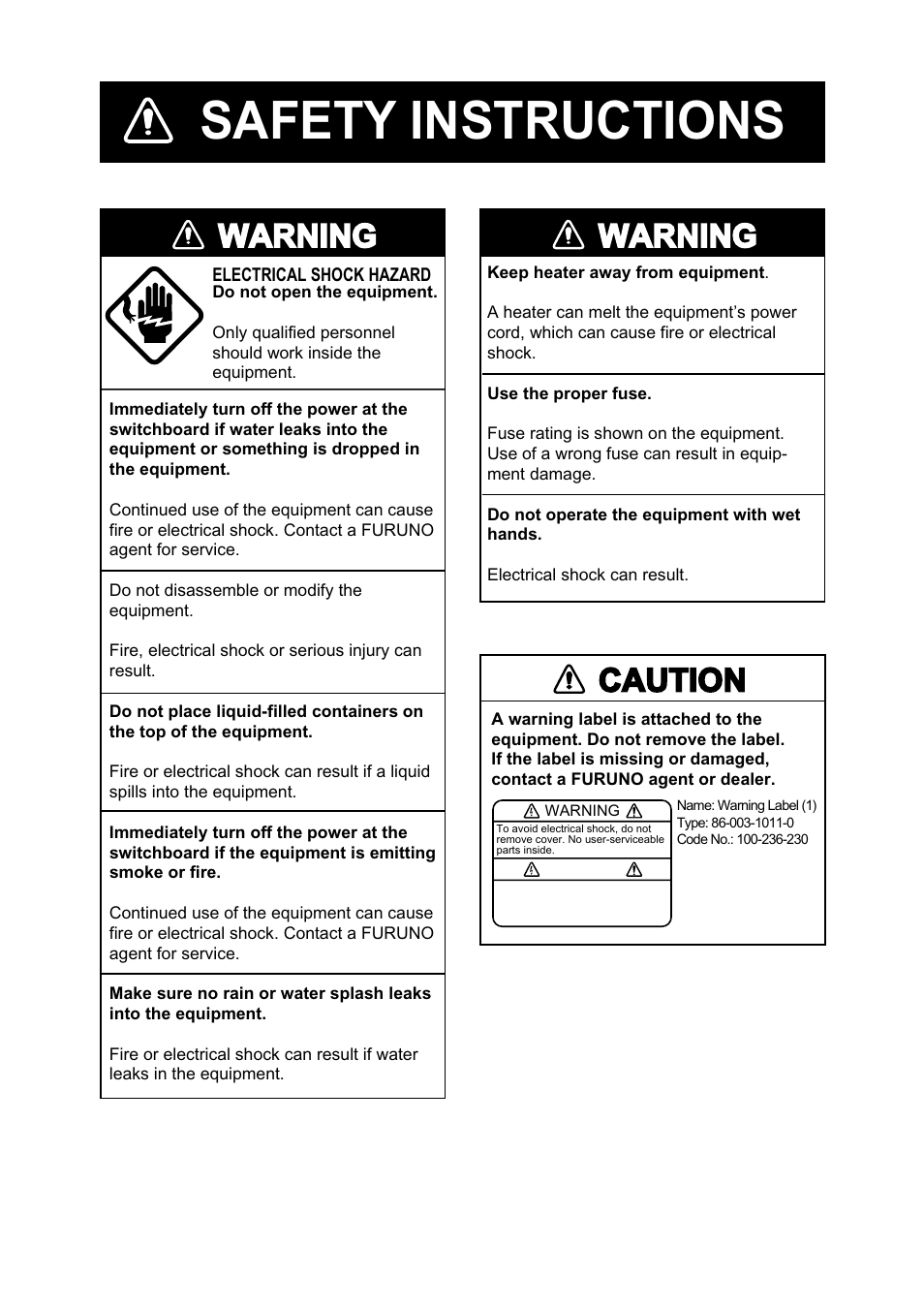 Safety instructions, Warning, Caution | Furuno CI-80 User Manual | Page 3 / 41