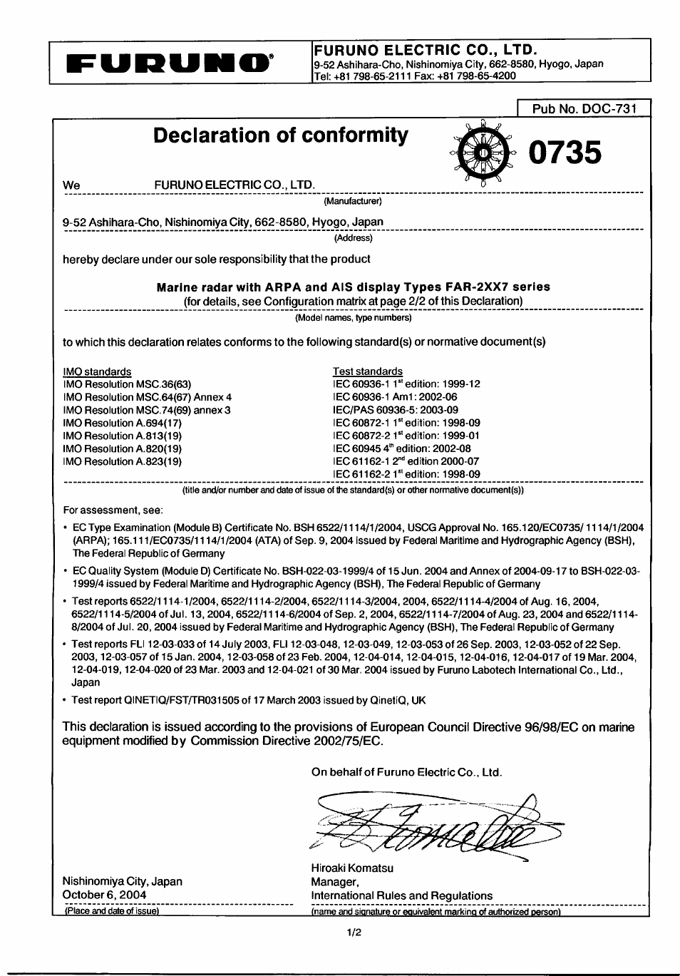 Declaration of conformity | Furuno FAR-28x7 Series User Manual | Page 293 / 299