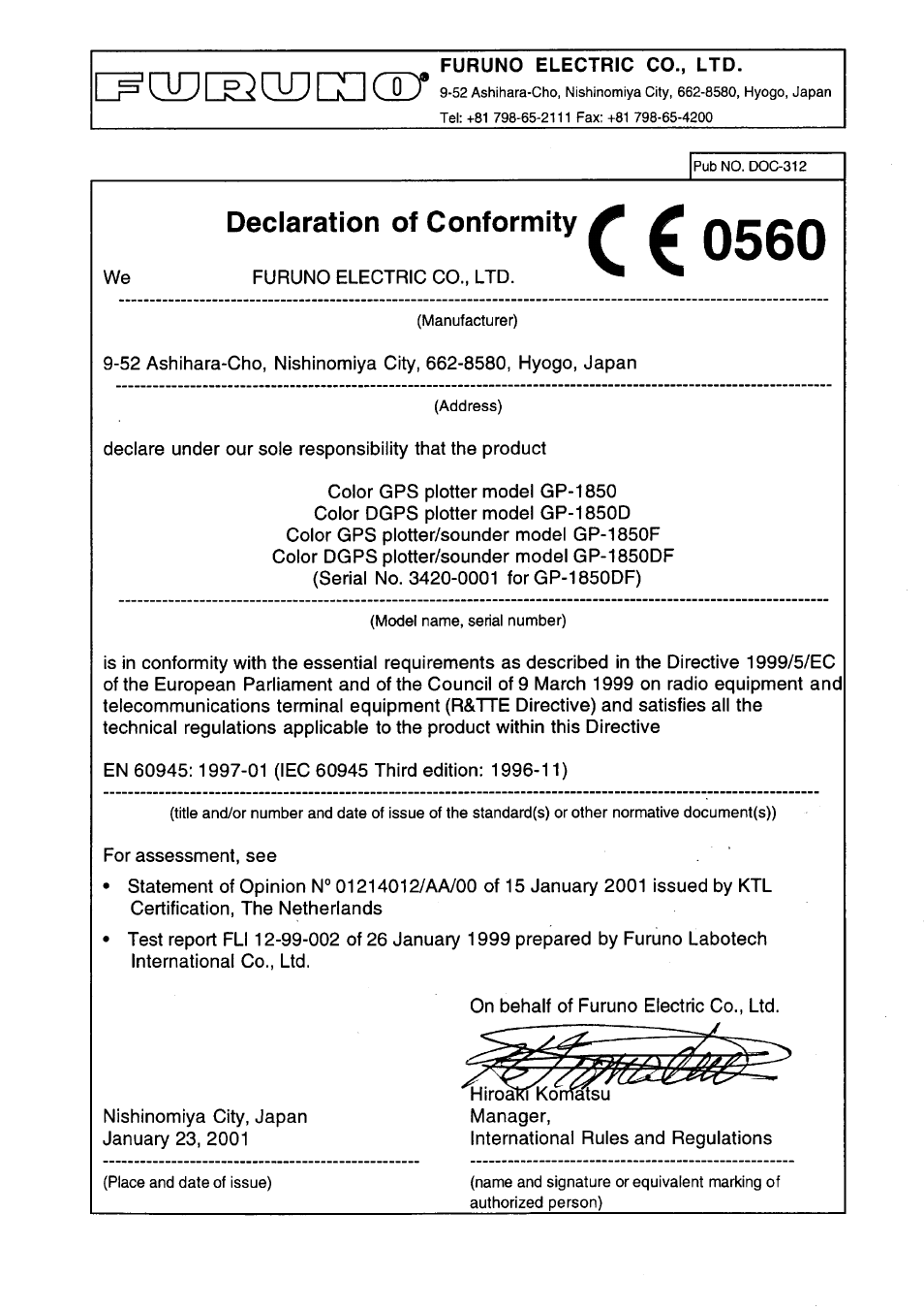 Declaration of conformity | Furuno GP-1850DF User Manual | Page 110 / 110