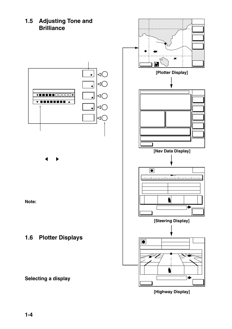 5 adjusting tone and brilliance, 6 plotter displays, Q p < 0 1 | Selecting a display, Figure 1-6 display modes (plotter) | Furuno GP-1850DF User Manual | Page 12 / 110