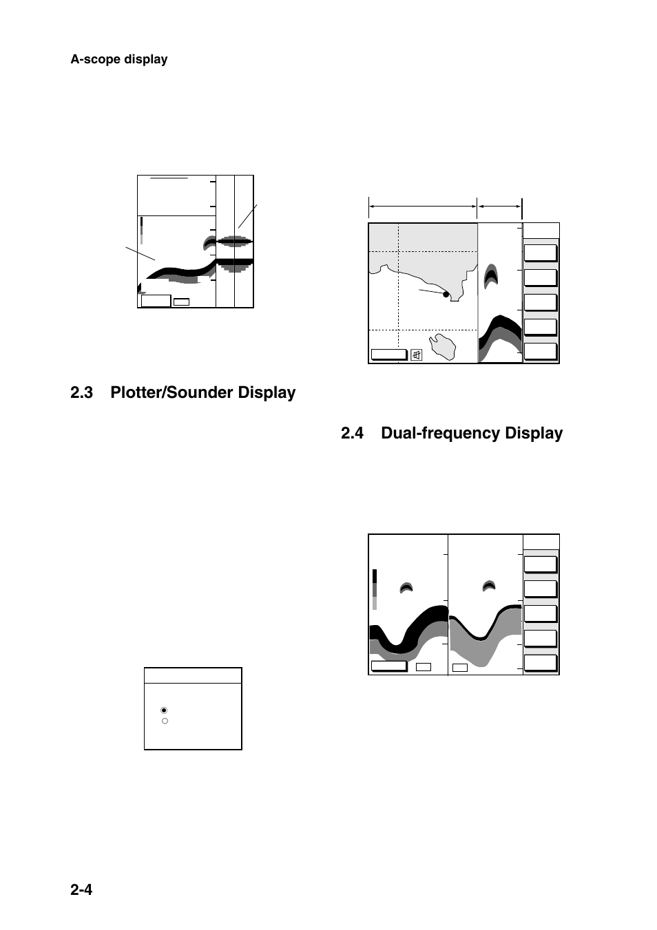 3 plotter/sounder display, 4 dual-frequency display, Figure 2-12 plotter/sounder display | Figure 2-13 dual-frequency display | Furuno GP-1850DF User Manual | Page 18 / 110
