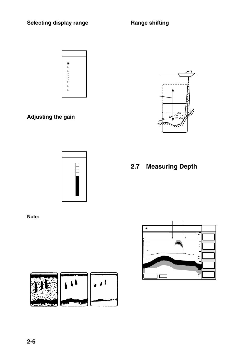 7 measuring depth, Selecting display range, Adjusting the gain | Range shifting | Furuno GP-1850DF User Manual | Page 20 / 110