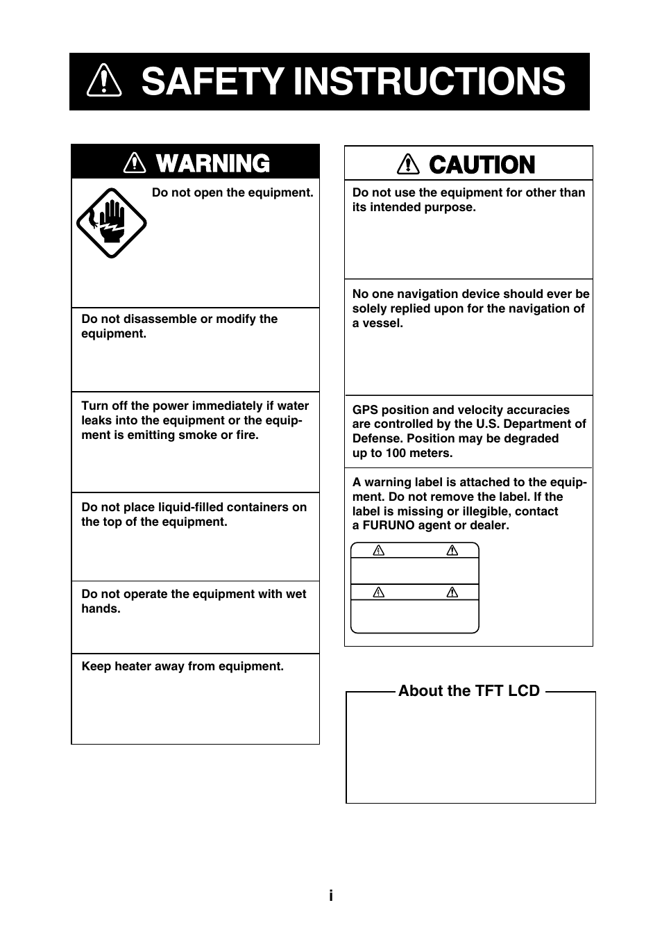 Safety instructions, Warning, Caution | Furuno NAVIONICS GP-1850F User Manual | Page 3 / 110