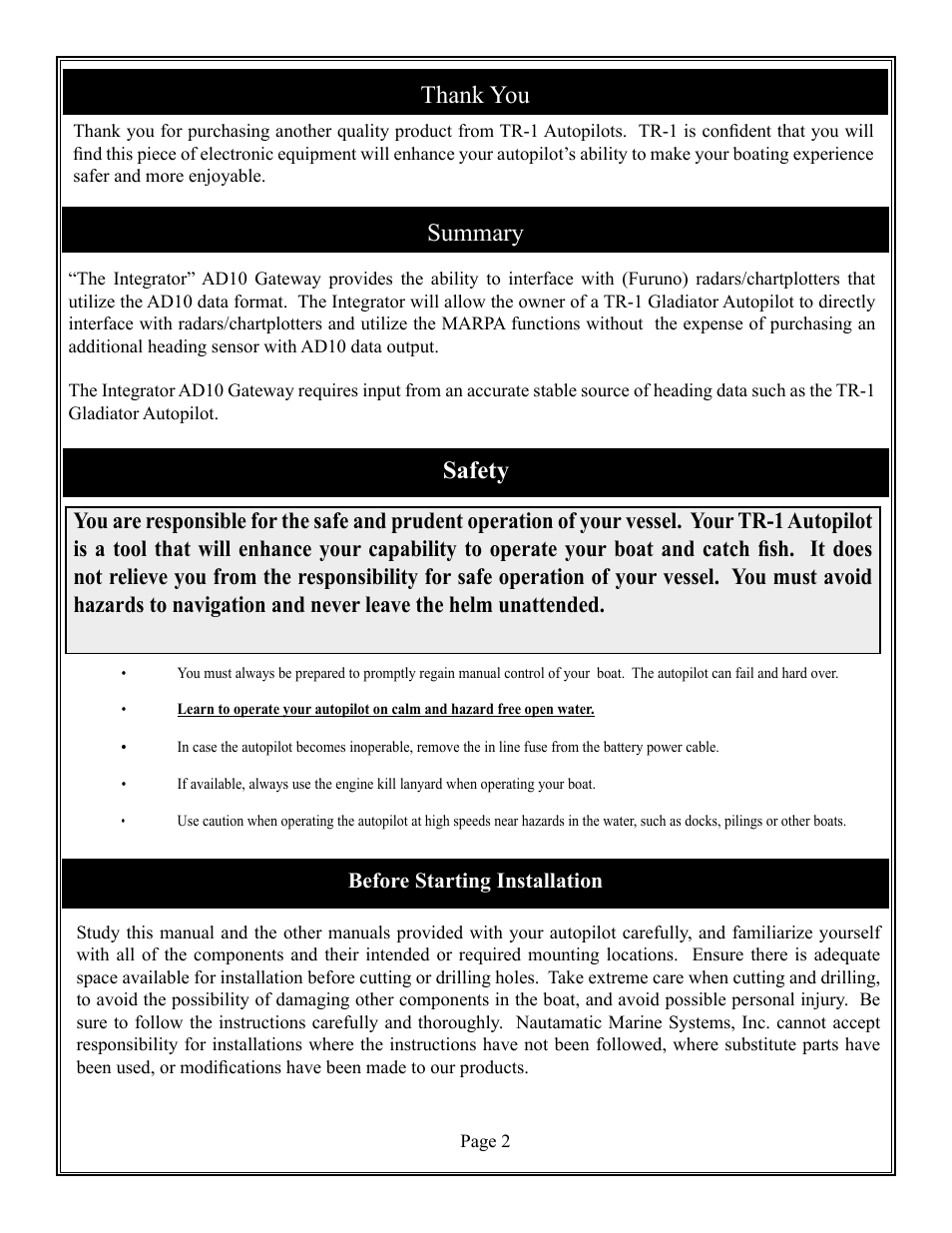 Summary, Safety | Furuno TR-1 User Manual | Page 2 / 4