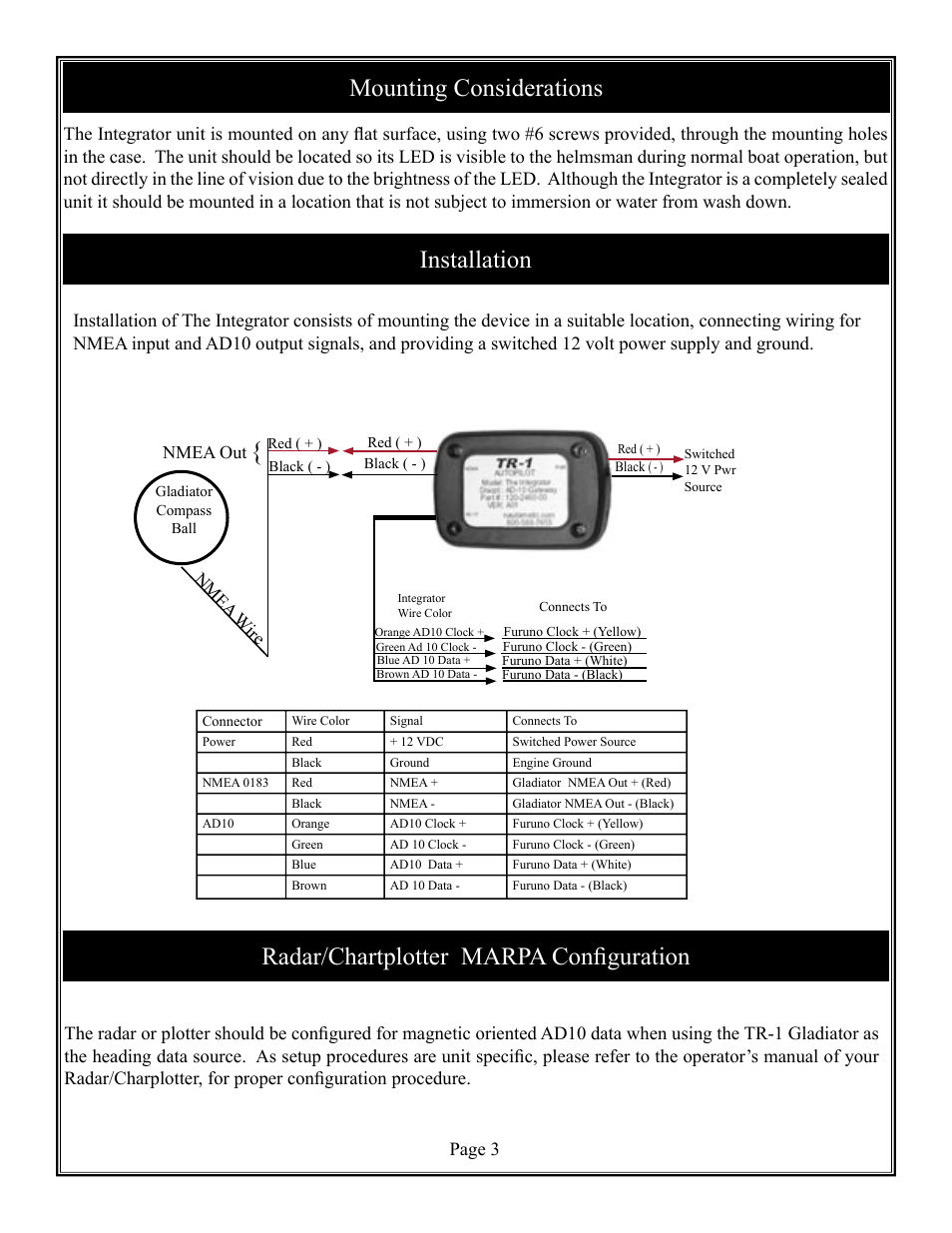 Mounting considerations installation, Radar/chartplotter marpa confi guration, Page 3 | Nmea out nmea w ire | Furuno TR-1 User Manual | Page 3 / 4