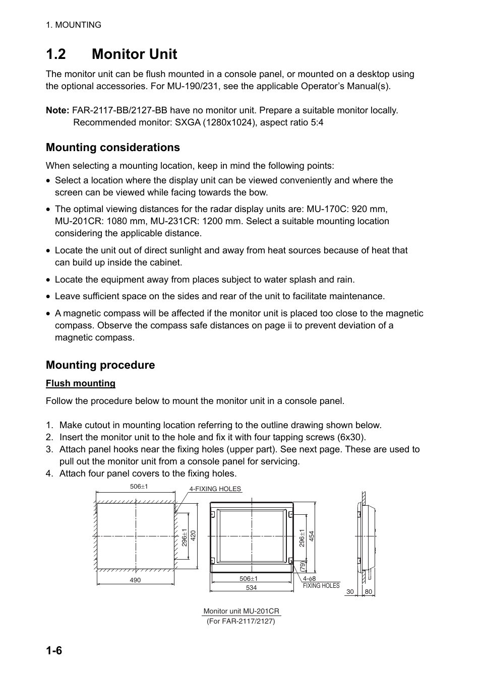2 monitor unit, Mounting considerations, Mounting procedure | Furuno FAR-2127 User Manual | Page 14 / 136