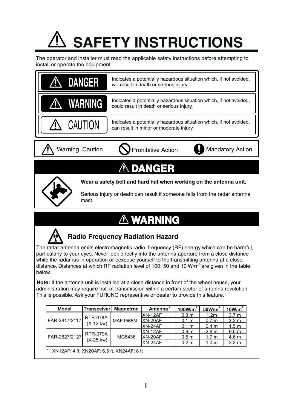 Safety instructions, Warning, Caution | Danger, Radio frequency radiation hazard | Furuno FAR-2127 User Manual | Page 3 / 136