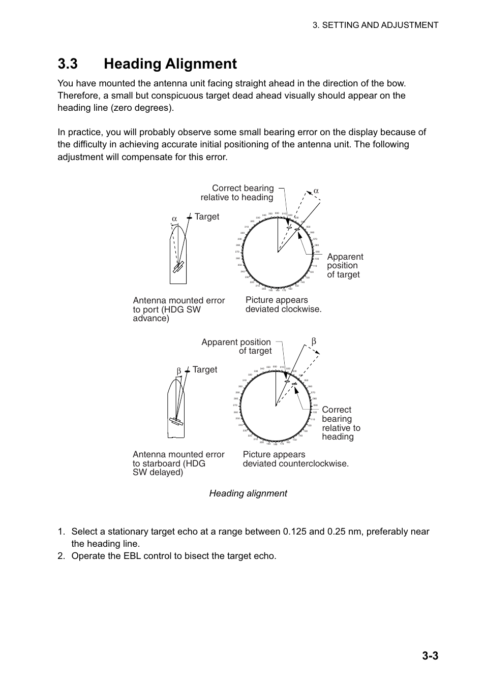 3 heading alignment, Target, Setting and adjustment | Furuno FAR-2127 User Manual | Page 41 / 136