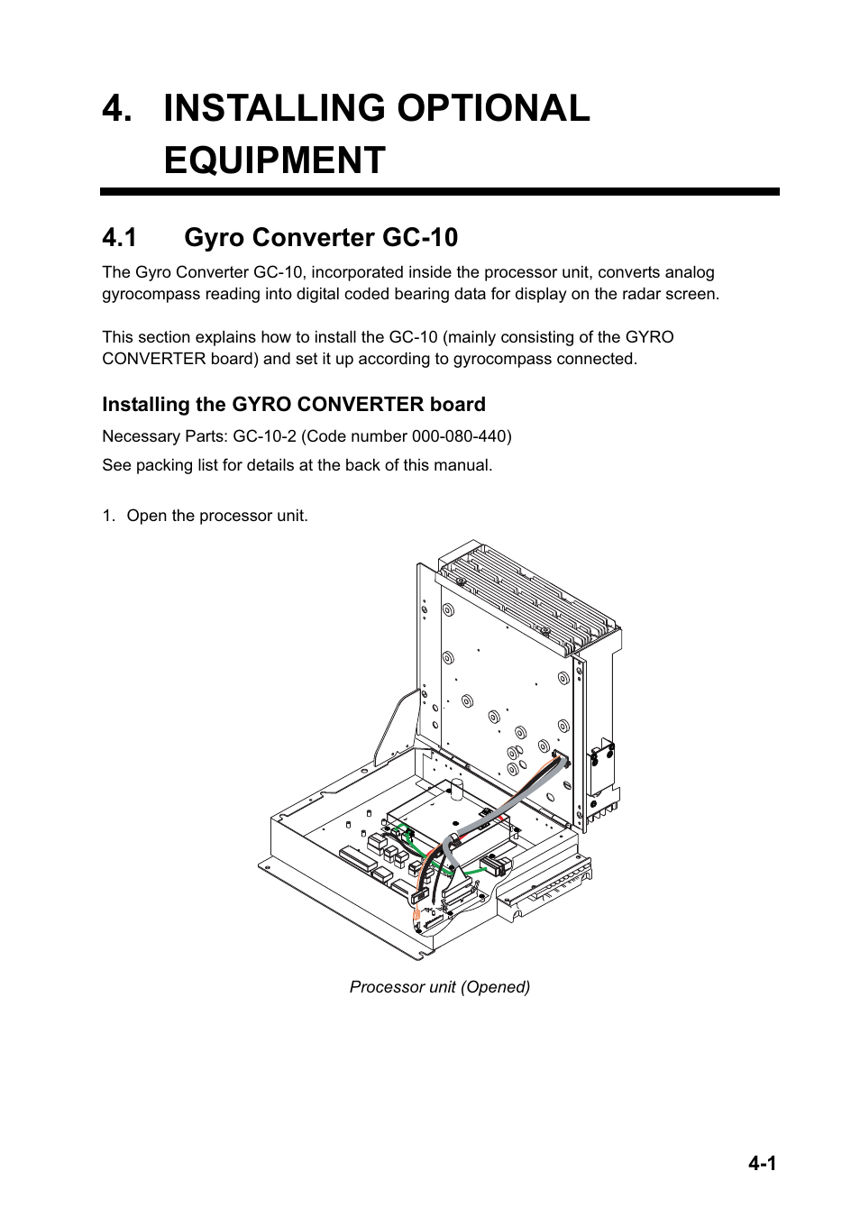 Installing optional equipment, 1 gyro converter gc-10, Installing the gyro converter board | Processor unit (opened) | Furuno FAR-2127 User Manual | Page 61 / 136