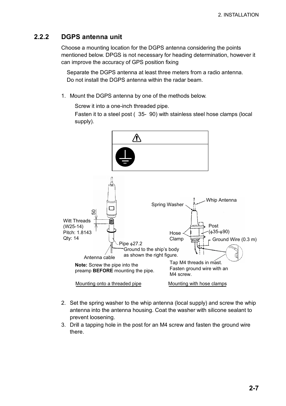 Caution, 7 2.2.2 dgps antenna unit | Furuno SC-120 User Manual | Page 21 / 96