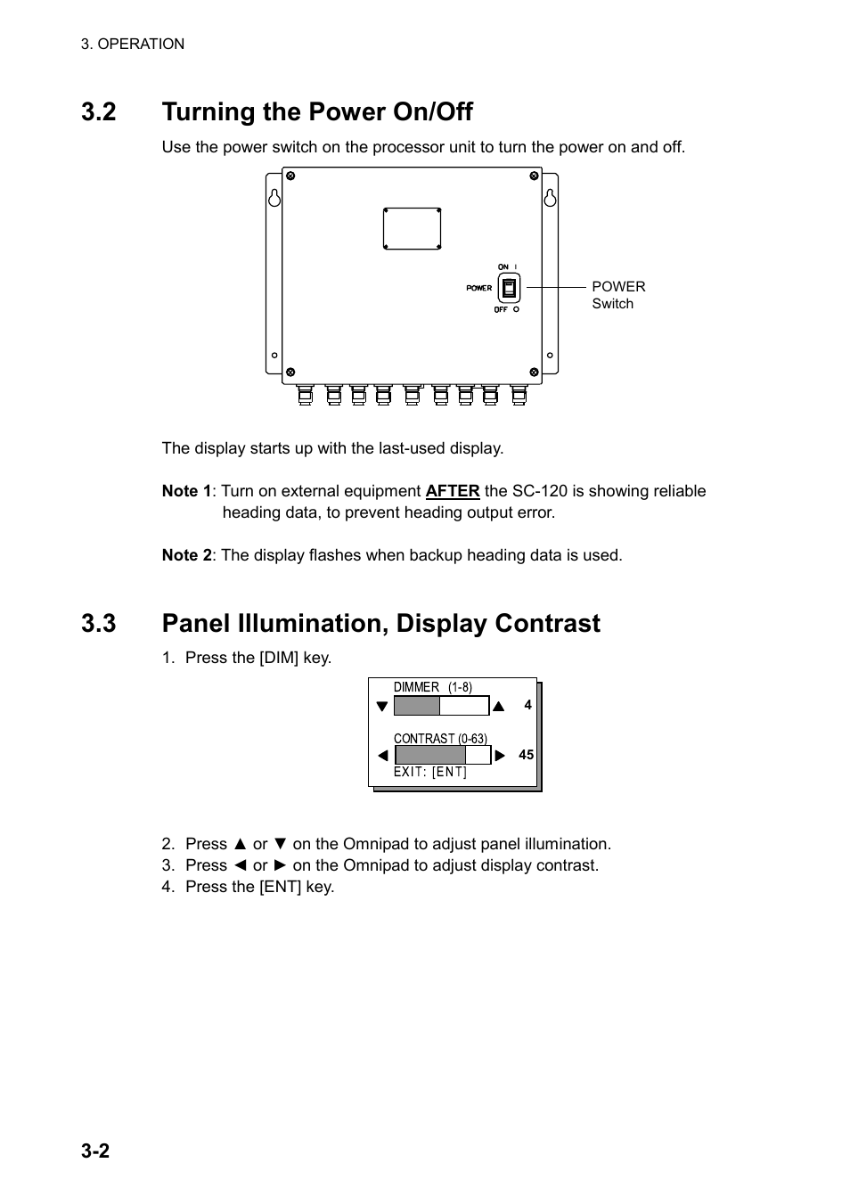 2 turning the power on/off, 3 panel illumination, display contrast | Furuno SC-120 User Manual | Page 40 / 96