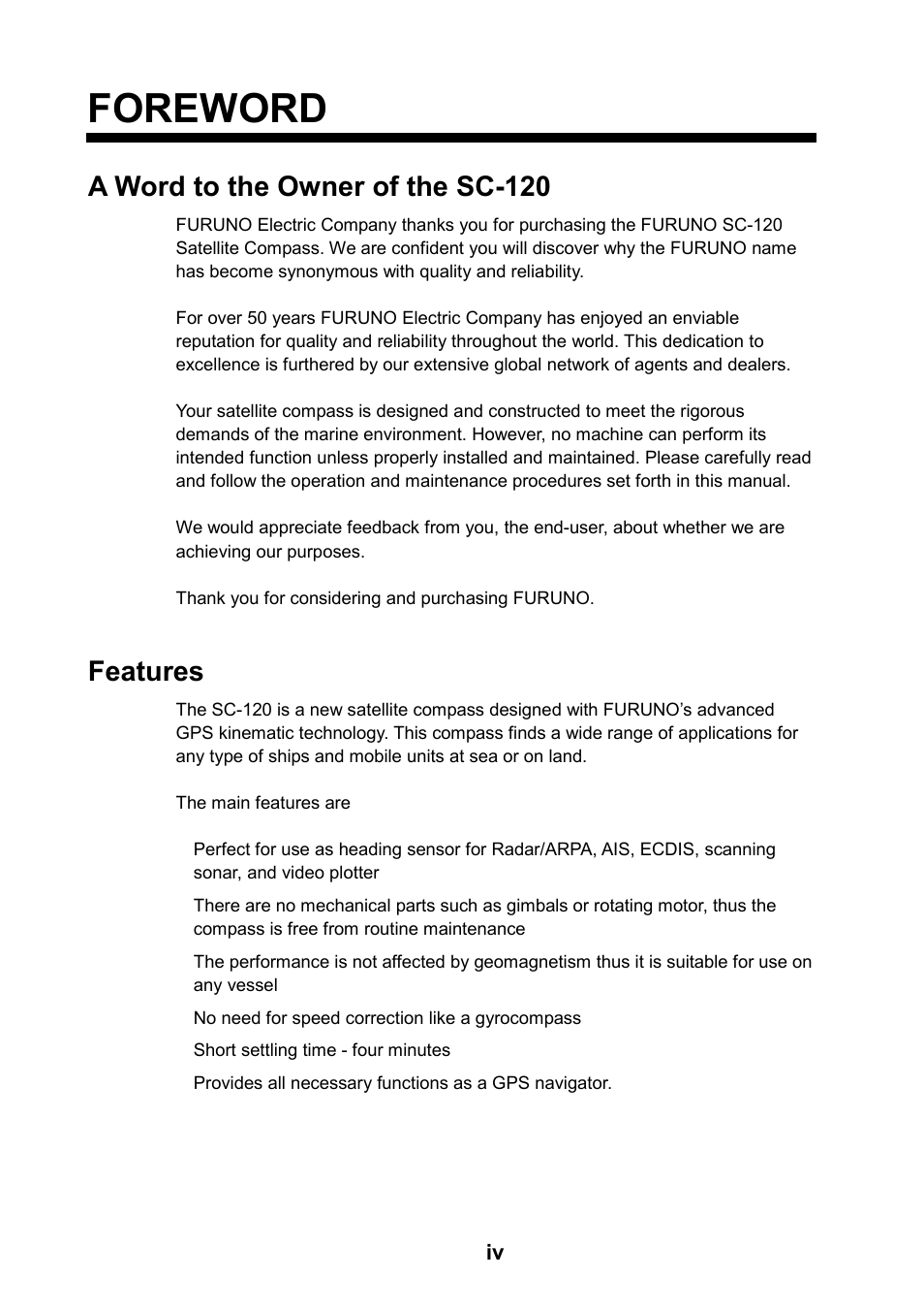 Foreword, A word to the owner of the sc-120, Features | Furuno SC-120 User Manual | Page 6 / 96