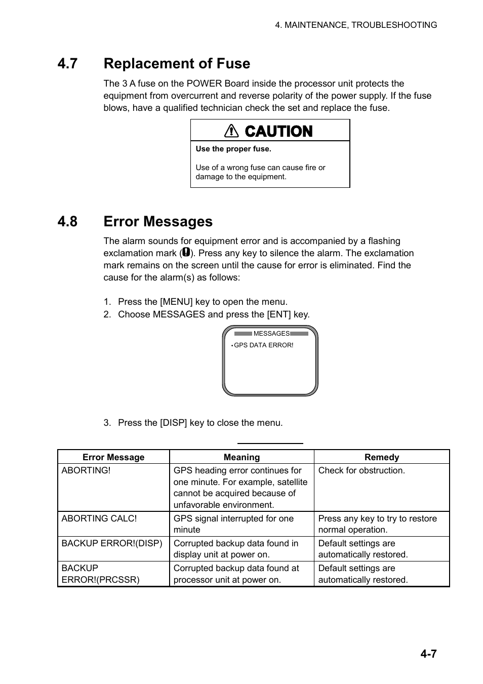 7 replacement of fuse, 8 error messages, Caution | Furuno SC-120 User Manual | Page 65 / 96