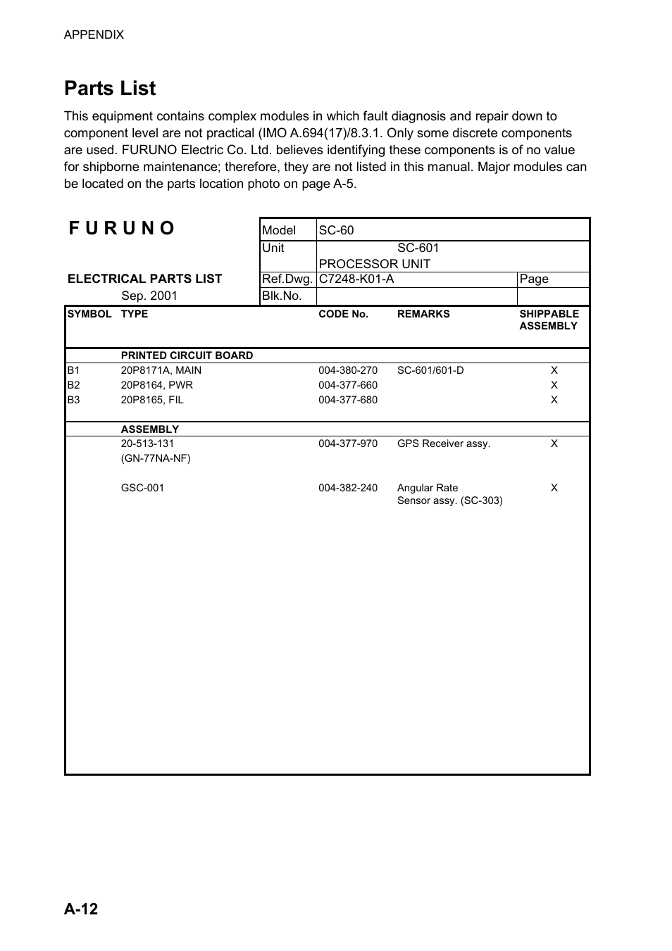 Parts list, A-12 | Furuno SC-120 User Manual | Page 78 / 96