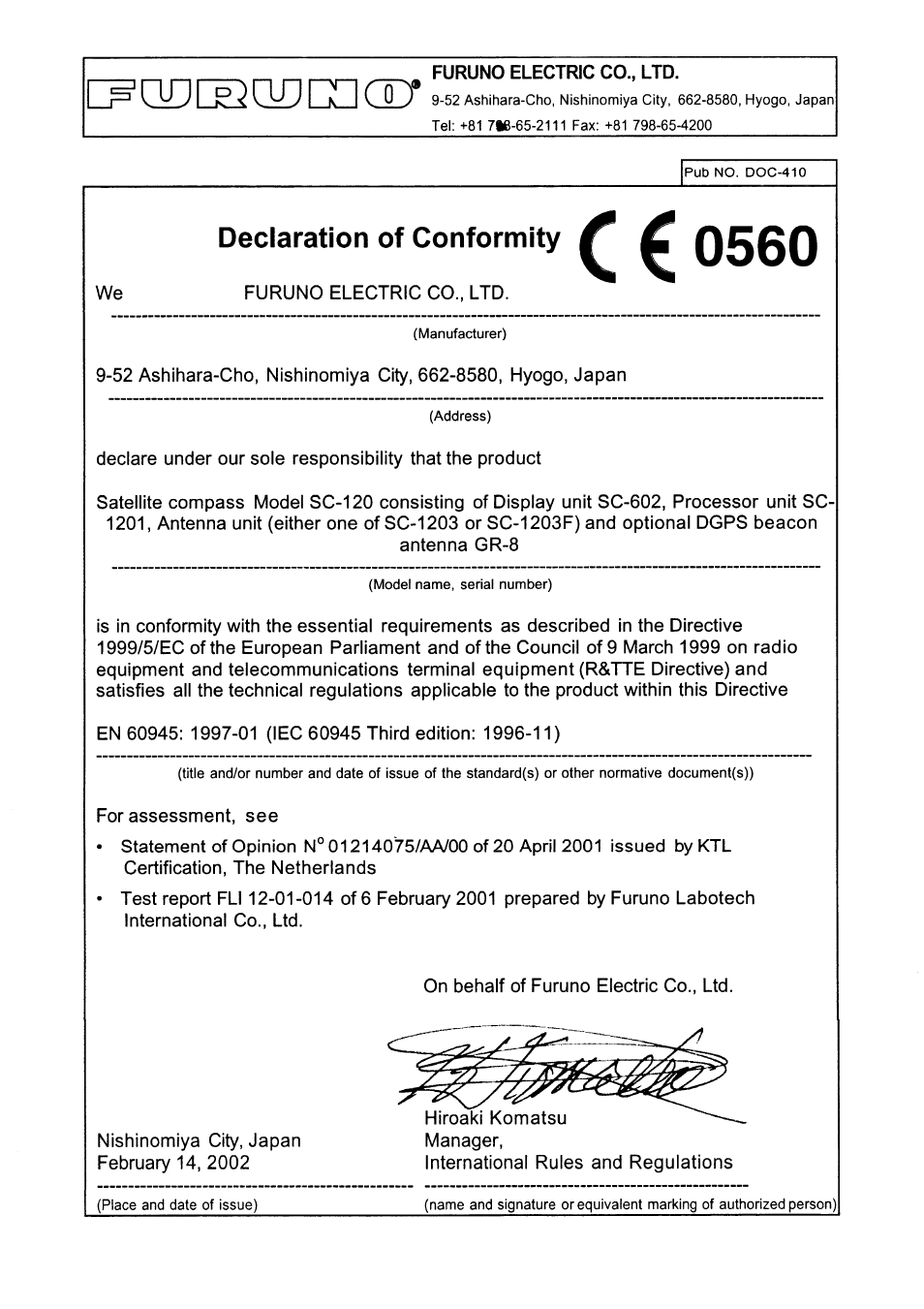 Declaration of conformity | Furuno SC-120 User Manual | Page 96 / 96