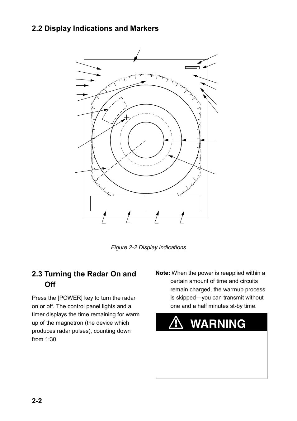2 display indications and markers, 3 turning the radar on and off, Warning | Furuno 851 MARK-2 User Manual | Page 11 / 47