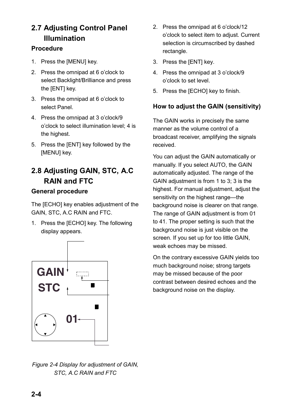 7 adjusting control panel illumination, 8 adjusting gain, stc, a.c rain and ftc, Gain | Furuno 851 MARK-2 User Manual | Page 13 / 47