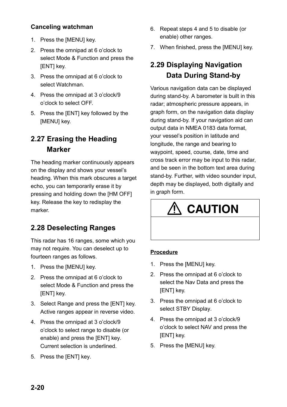 27 erasing the heading marker, 28 deselecting ranges, 29 displaying navigation data during stand-by | Caution | Furuno 851 MARK-2 User Manual | Page 29 / 47