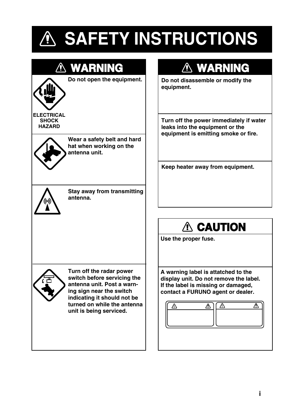 Safety instructions, Warning, Caution | Furuno 851 MARK-2 User Manual | Page 3 / 47