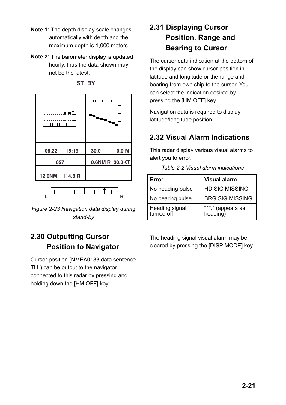 30 outputting cursor position to navigator, 32 visual alarm indications, St–by | Furuno 851 MARK-2 User Manual | Page 30 / 47