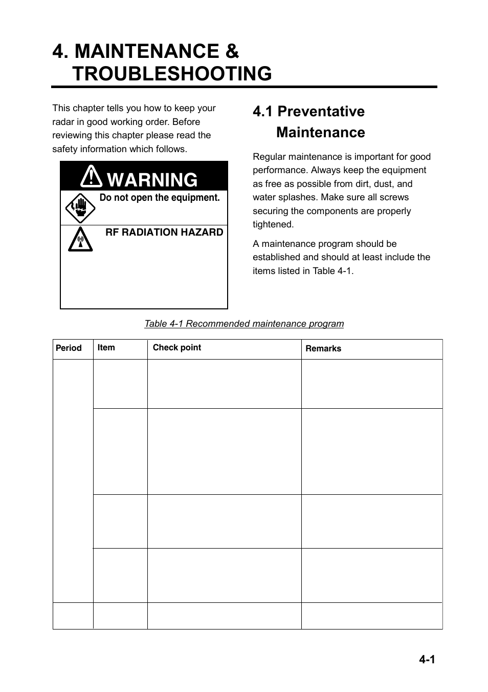 Maintenance & troubleshooting, 1 preventative maintenance, Warning | Furuno 851 MARK-2 User Manual | Page 38 / 47