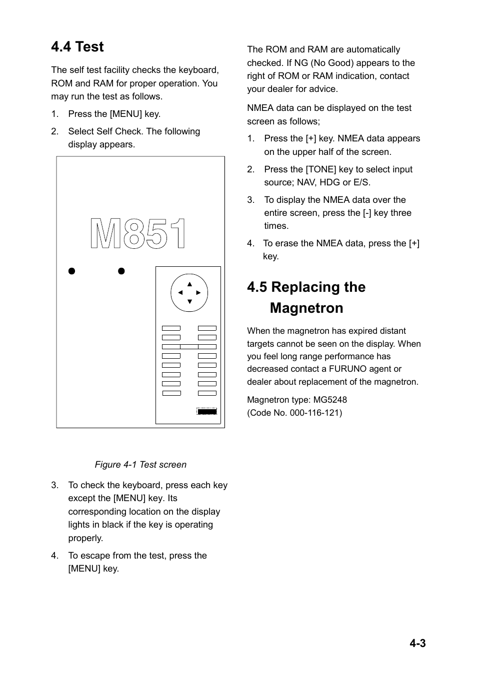 4 test, 5 replacing the magnetron, M851 | Furuno 851 MARK-2 User Manual | Page 40 / 47