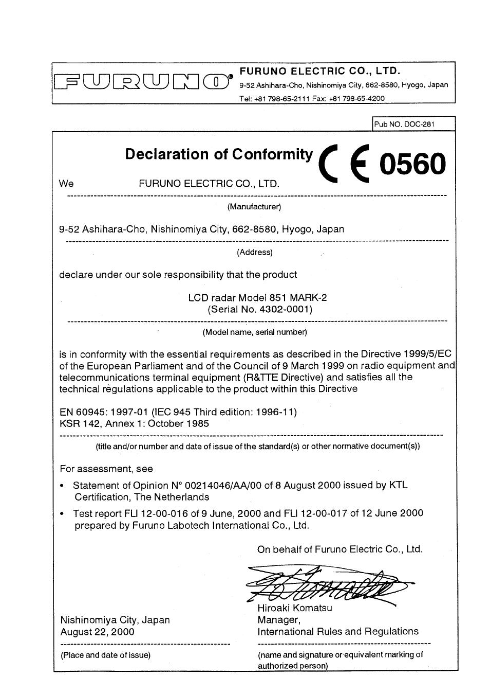 Declaration of conformity | Furuno 851 MARK-2 User Manual | Page 47 / 47