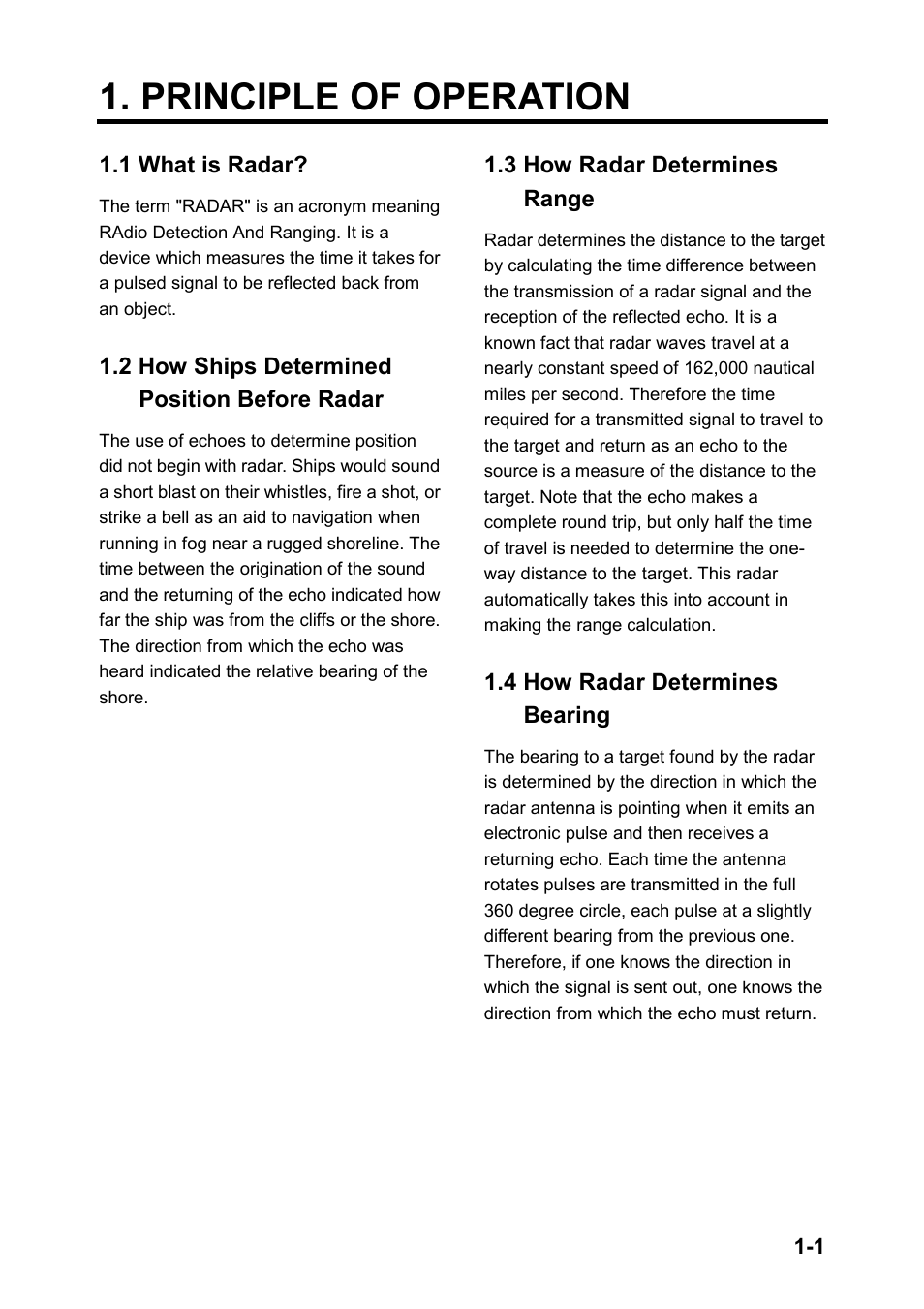 Principle of operation, 1 what is radar, 2 how ships determined position before radar | 3 how radar determines range, 4 how radar determines bearing | Furuno 851 MARK-2 User Manual | Page 8 / 47