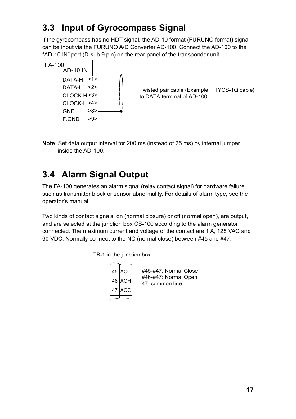 3 input of gyrocompass signal, 4 alarm signal output | Furuno FA-100 User Manual | Page 23 / 58
