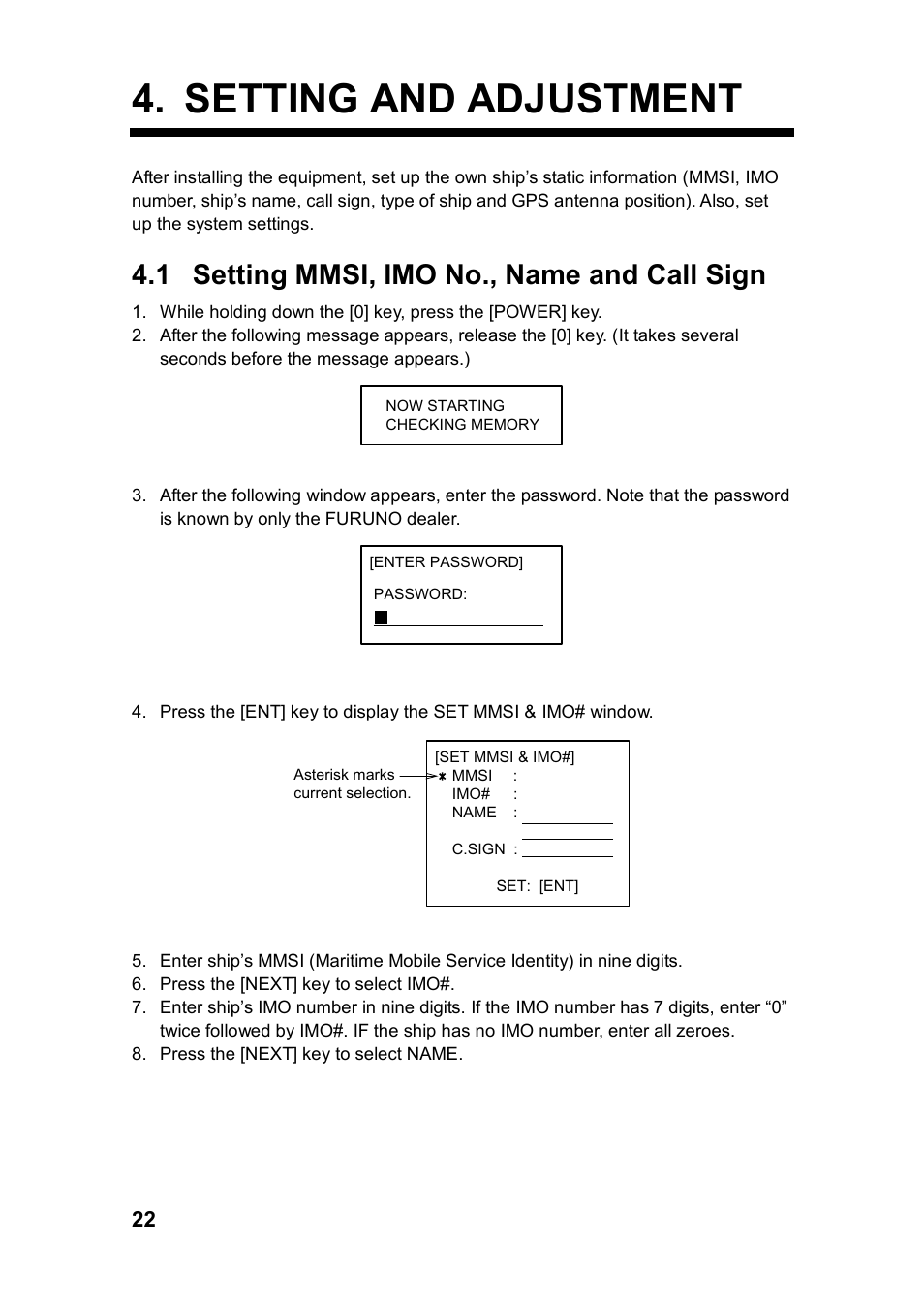 Setting and adjustment, 1 setting mmsi, imo no., name and call sign | Furuno FA-100 User Manual | Page 28 / 58