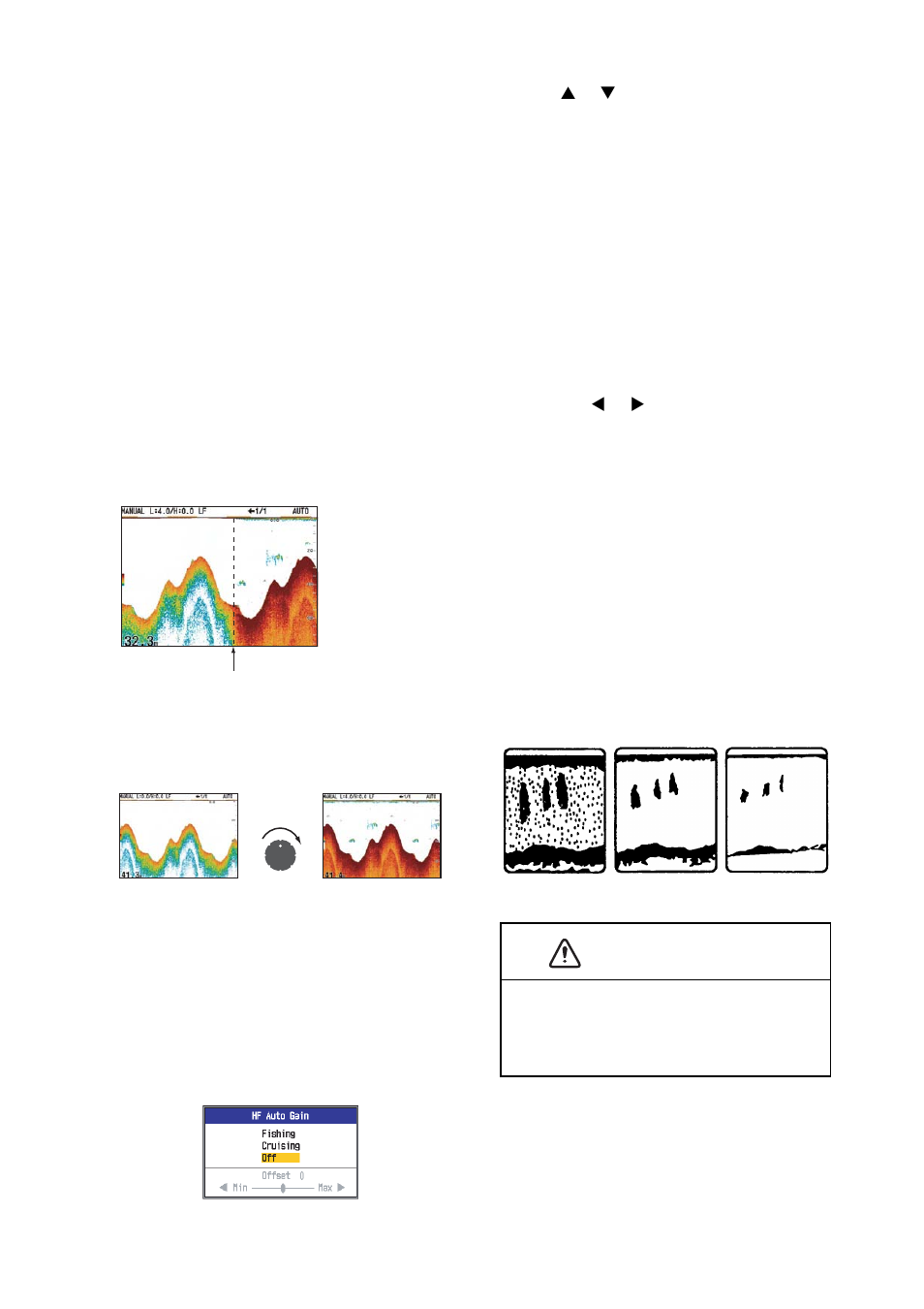 7 adjusting the gain, 6 shifting the range 1.7 adjusting the gain, Caution | 1 selecting gain adjust- ment, 2 manual gain adjustment | Furuno FCV295 User Manual | Page 15 / 53