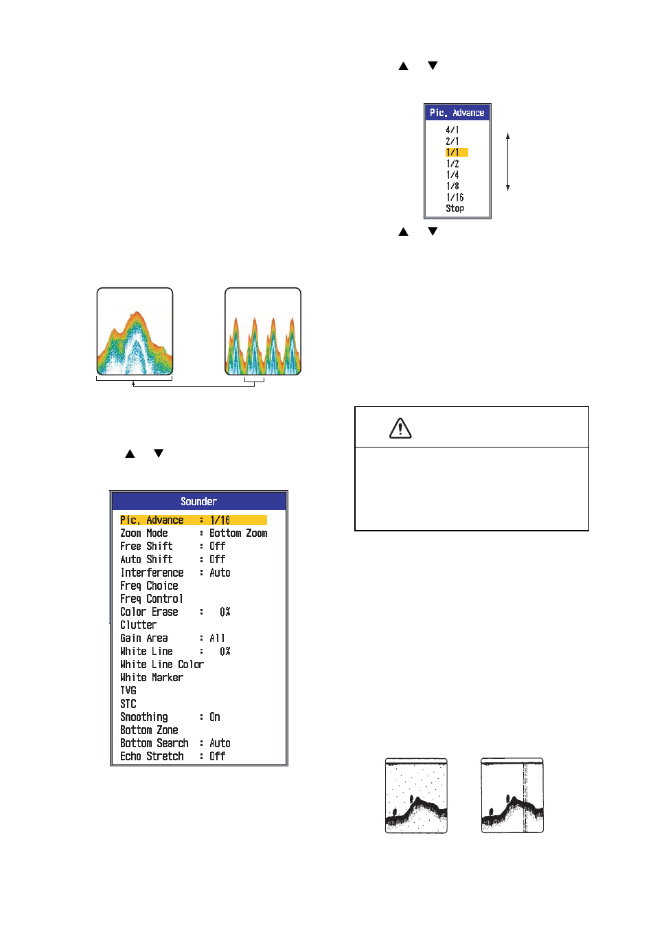 10 picture advance speed, 11 rejecting interference, Caution | 11 rejecting interfer- ence | Furuno FCV295 User Manual | Page 17 / 53