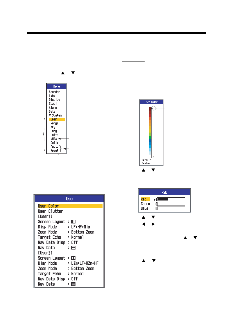 System menu, 1 how to open the system menu, 2 user menu | 1 how to open the system menu 25 2.2 user menu, 1 user menu description | Furuno FCV295 User Manual | Page 33 / 53