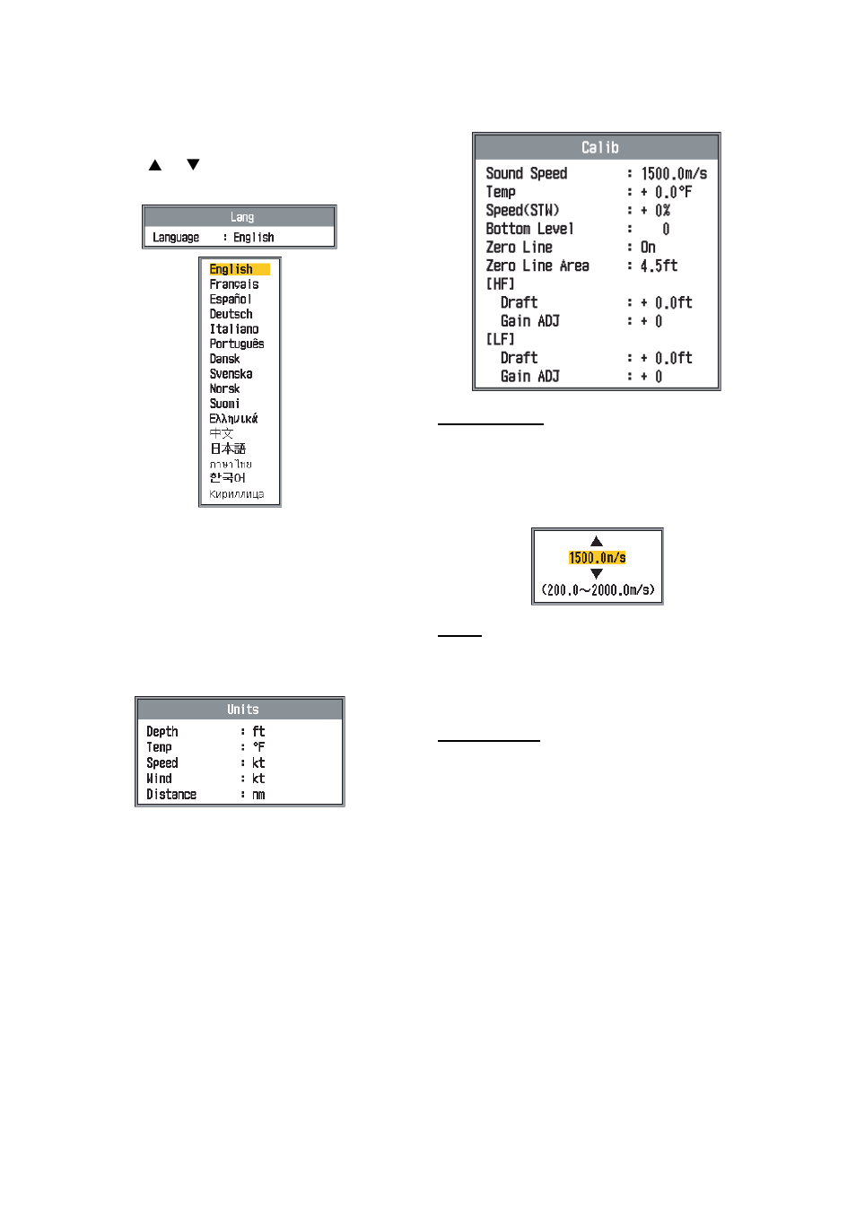 5 language menu, 6 units menu, 7 calib menu | Furuno FCV295 User Manual | Page 38 / 53