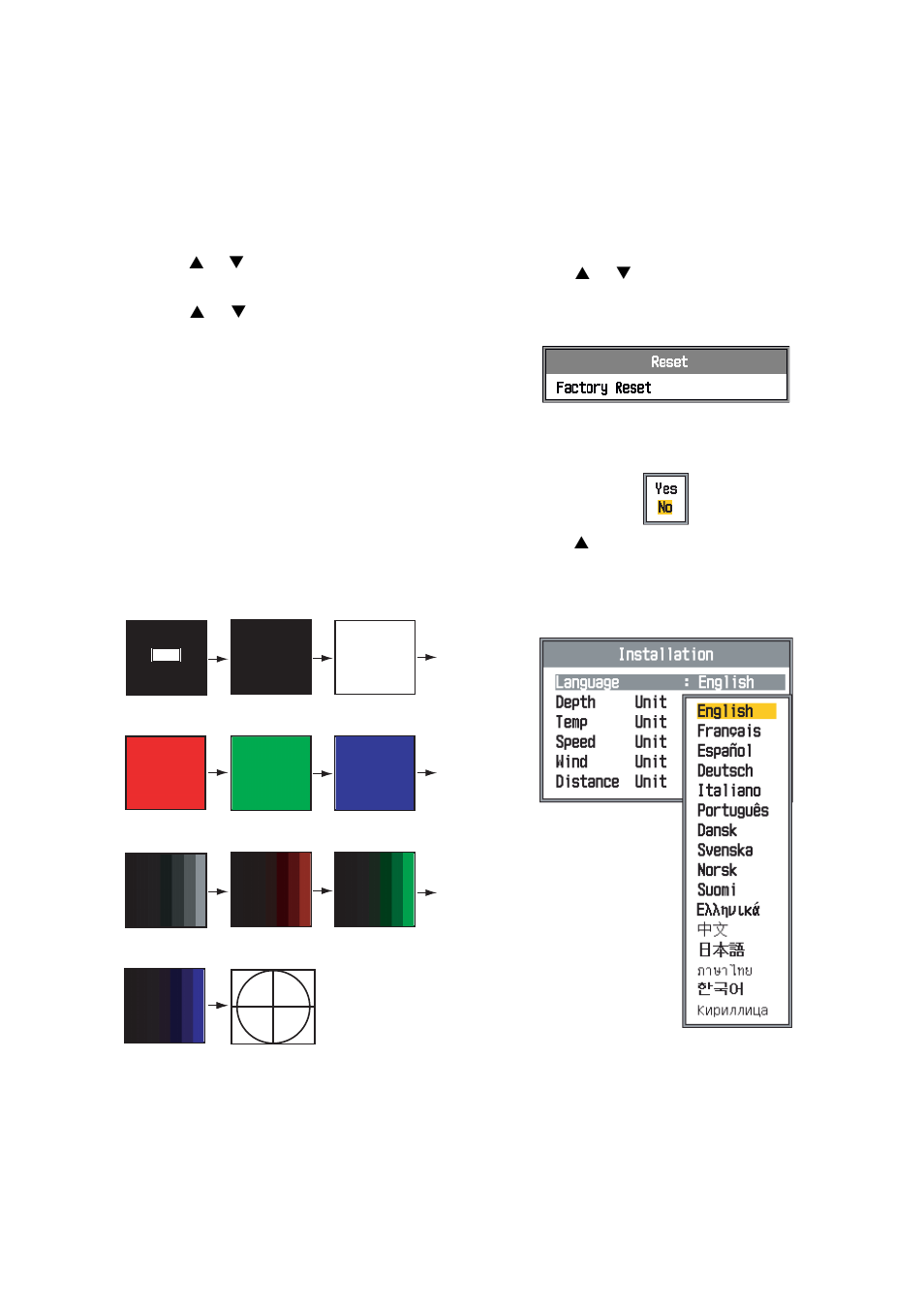 9 lcd test, 10 restoring default settings | Furuno FCV295 User Manual | Page 43 / 53