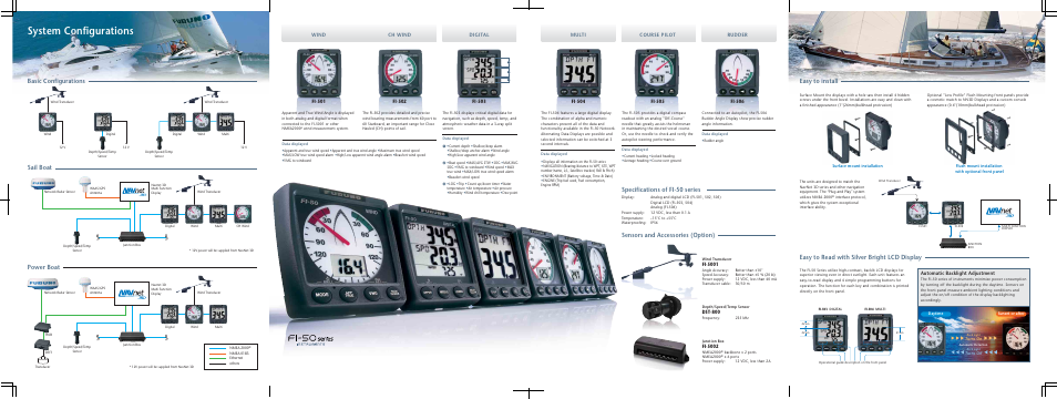 System configurations, Basic configurations sail boat power boat, Dst-800 | Fi-5001, Fi-5002, Automatic backlight adjustment | Furuno FI-50 Series User Manual | Page 2 / 2