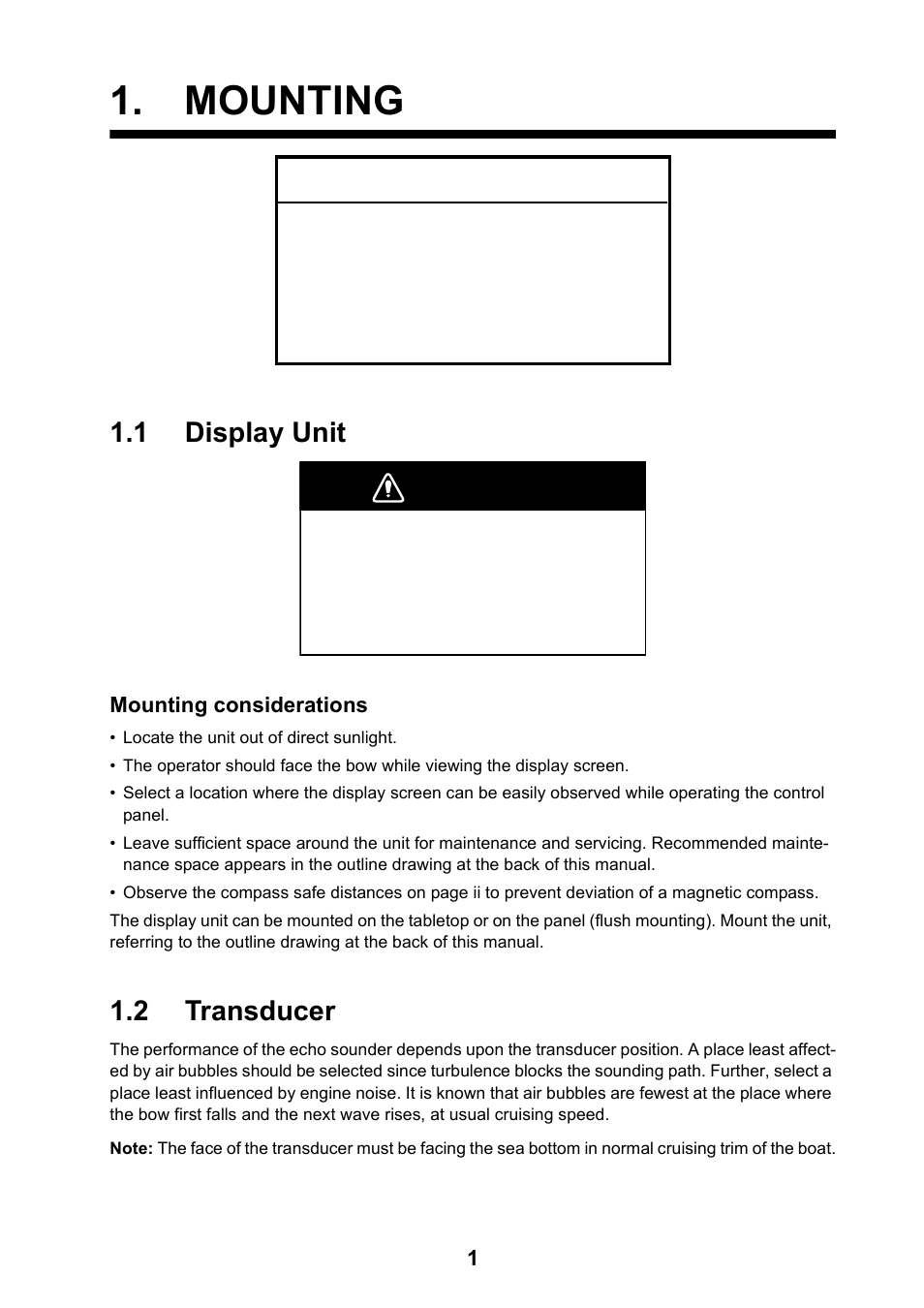 Mounting, 1 display unit, 2 transducer | Notice, Warning | Furuno FCV-1150 User Manual | Page 10 / 32