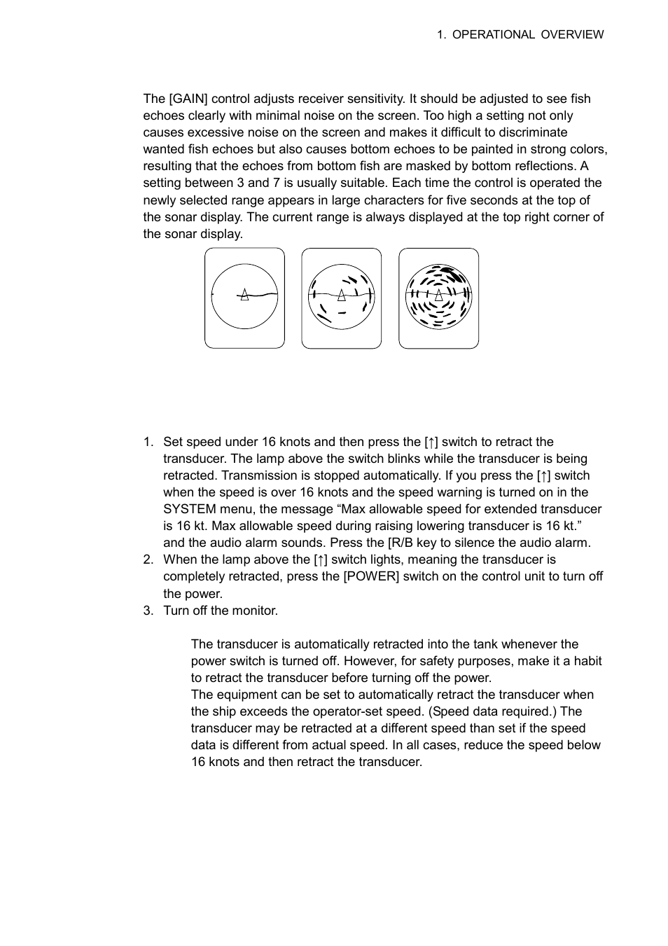 9 1.3.7 adjusting the gain, 8 retracting the transducer, turning off the power | Furuno CSH-8L User Manual | Page 19 / 89