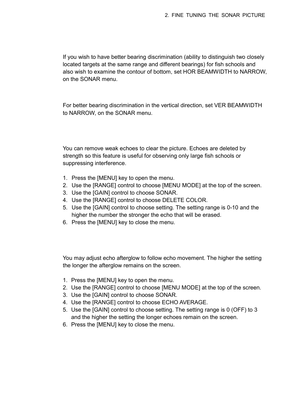 6 choosing beamwidth, 7 deleting weak echoes, 8 echo averaging | Furuno CSH-8L User Manual | Page 35 / 89