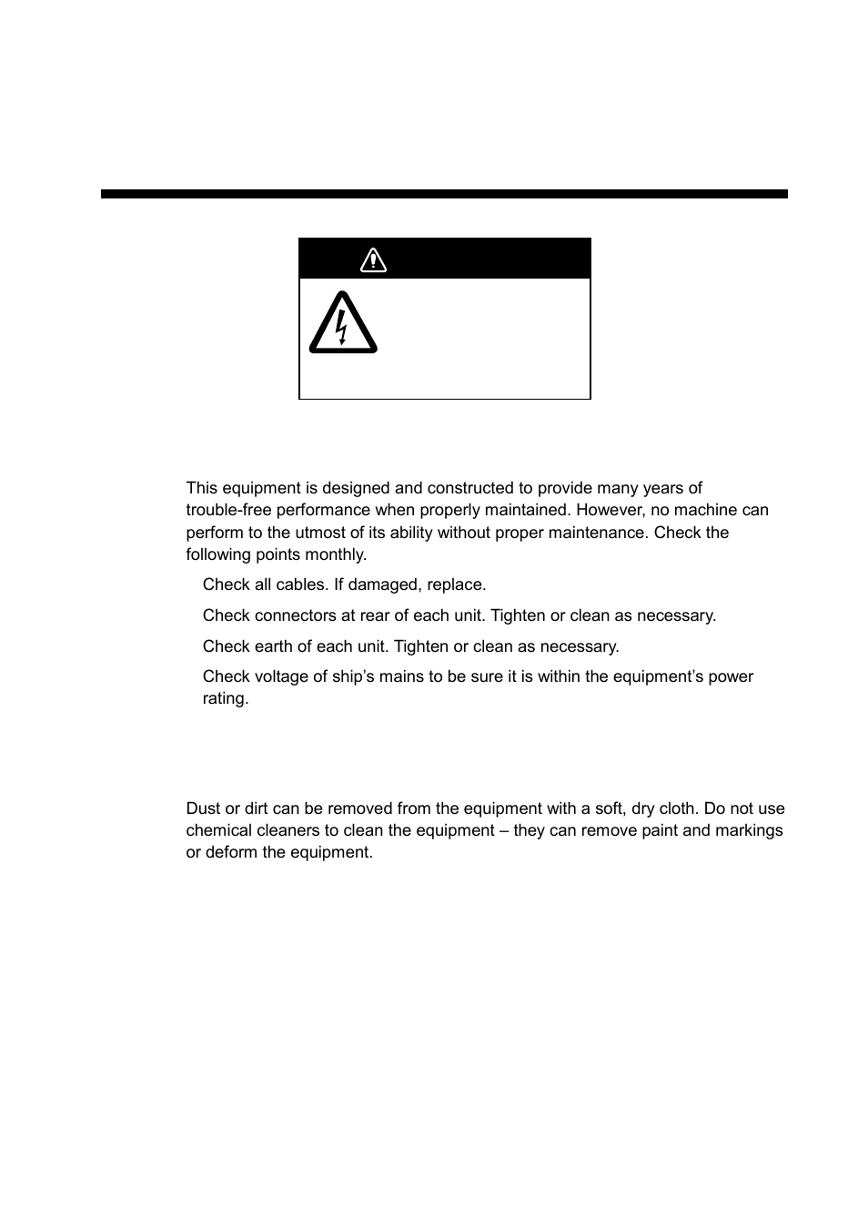 Maintenance, troubleshooting, 1 general maintenance, 2 cleaning the equipment | Warning | Furuno CSH-8L User Manual | Page 71 / 89