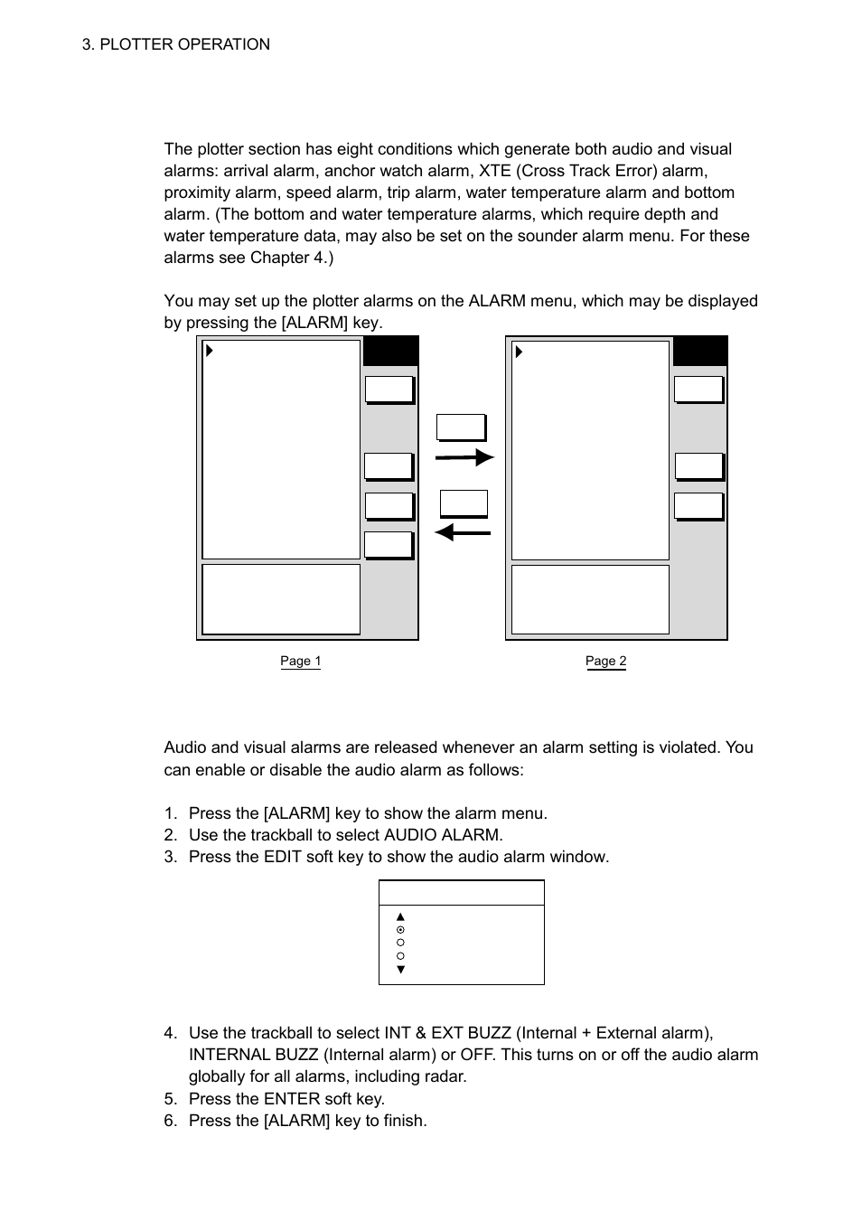 11 alarms, 1 audio alarm on/off, Plotter alarm menu | Plotter operation | Furuno NAVNET 1833 User Manual | Page 138 / 248