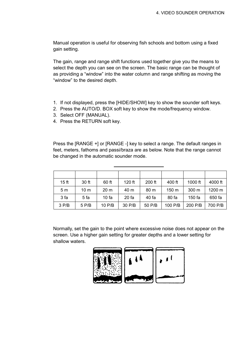 4 manual sounder operation, 1 selecting the manual mode, 2 selecting display range | 3 adjusting the gain | Furuno NAVNET 1833 User Manual | Page 155 / 248