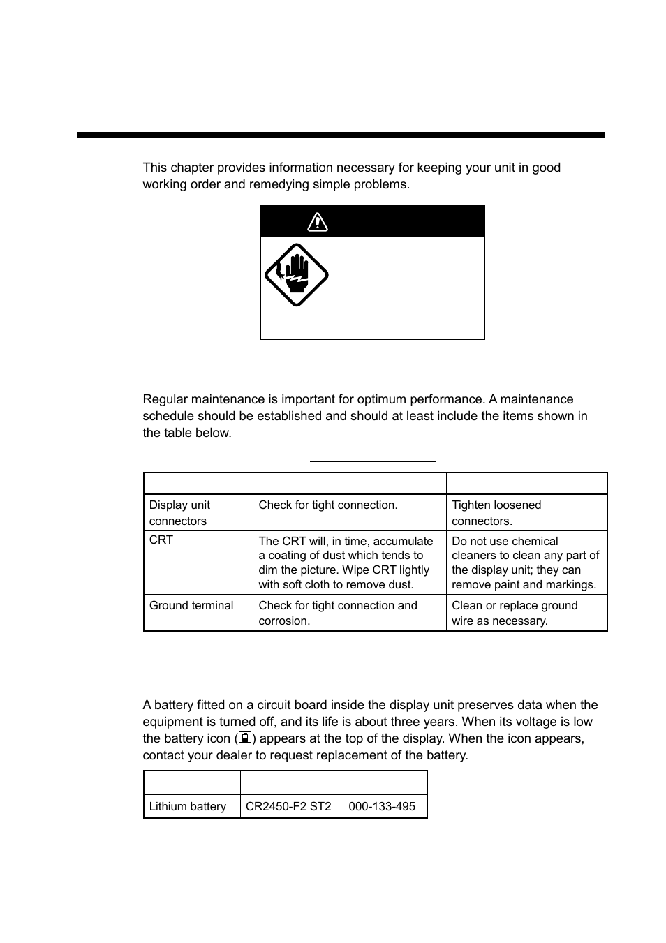 Maintenance, troubleshooting, 1 preventive maintenance, 2 replacement of battery | Warning | Furuno NAVNET 1833 User Manual | Page 213 / 248