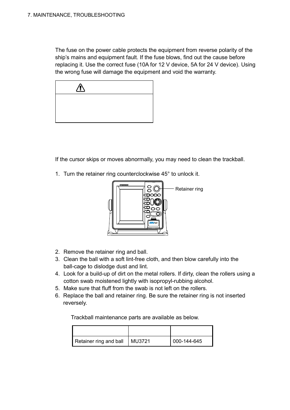 3 replacement of fuse, 4 trackball maintenance, Caution | Furuno NAVNET 1833 User Manual | Page 214 / 248