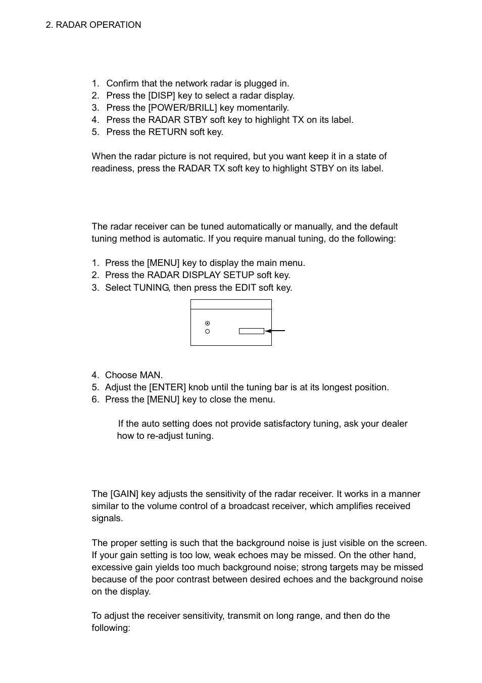 2 transmitting, stand-by, 3 tuning, 4 adjusting the gain | Furuno NAVNET 1833 User Manual | Page 36 / 248