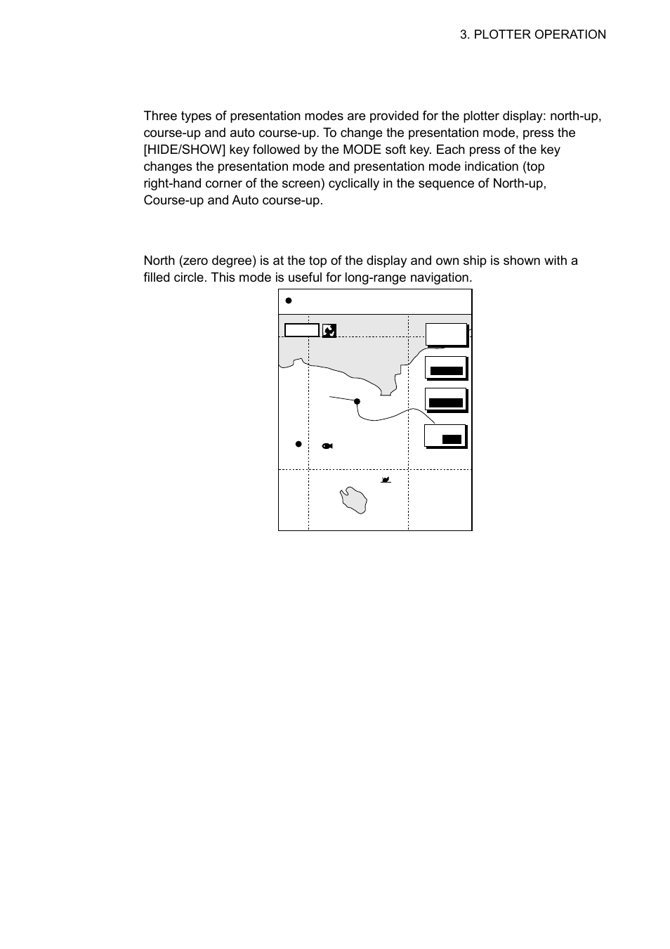 2 presentation mode, 1 north-up, Plotter display, north-up mode | Furuno NAVNET 1833 User Manual | Page 93 / 248