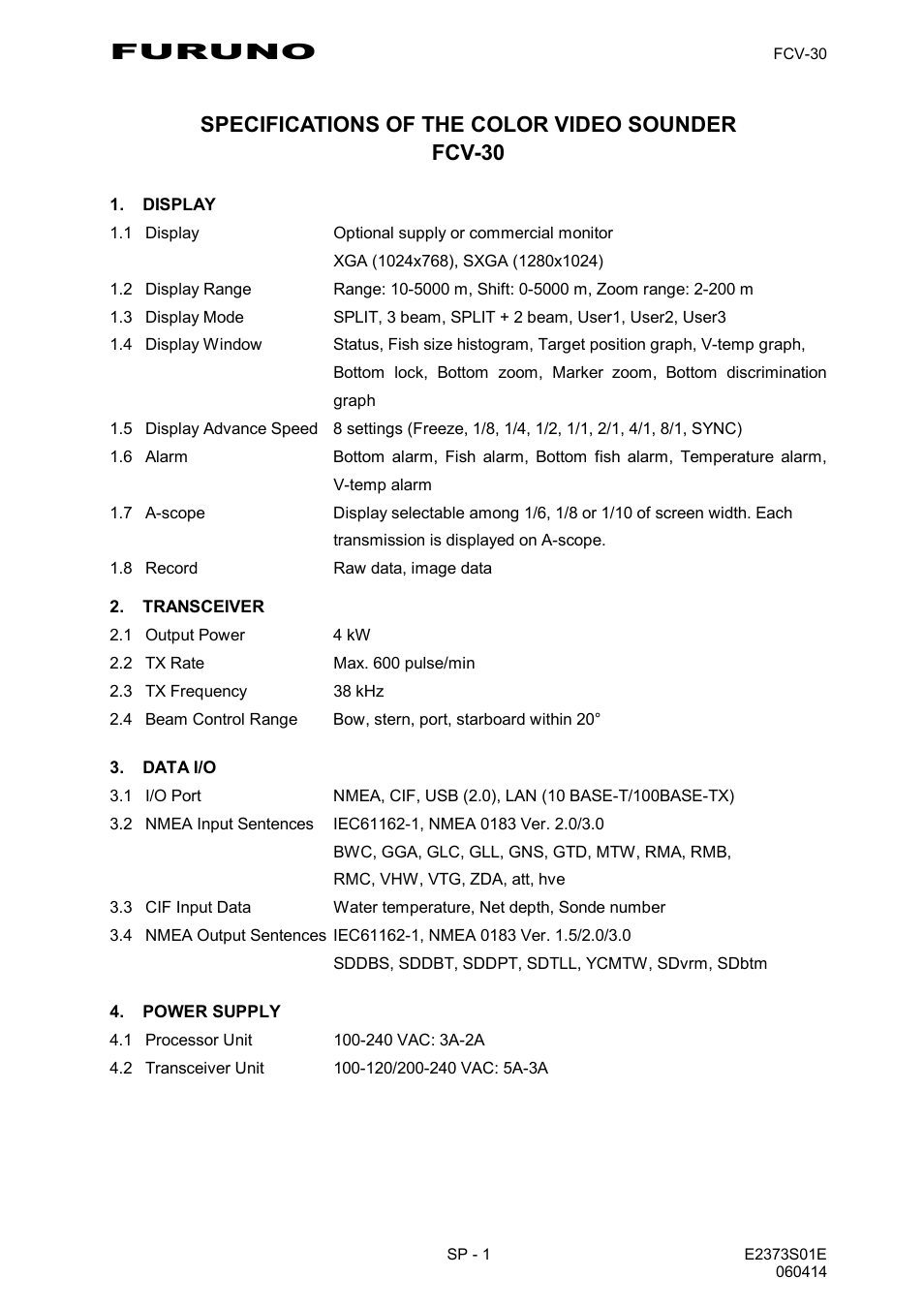 Furuno, Specifications of the color video sounder fcv-30 | Furuno FCV-30 User Manual | Page 105 / 110