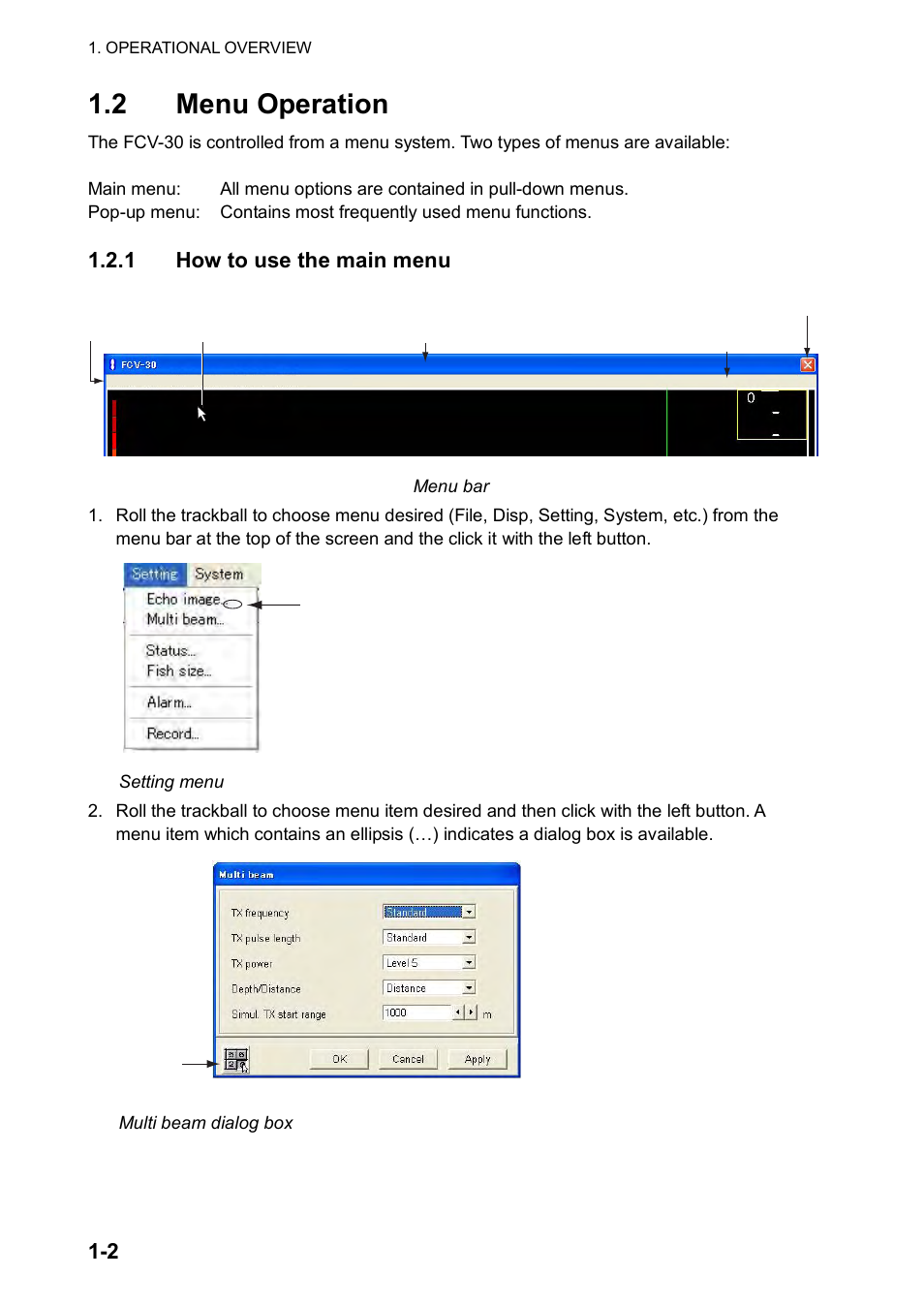 2 menu operation, 1 how to use the main menu | Furuno FCV-30 User Manual | Page 12 / 110