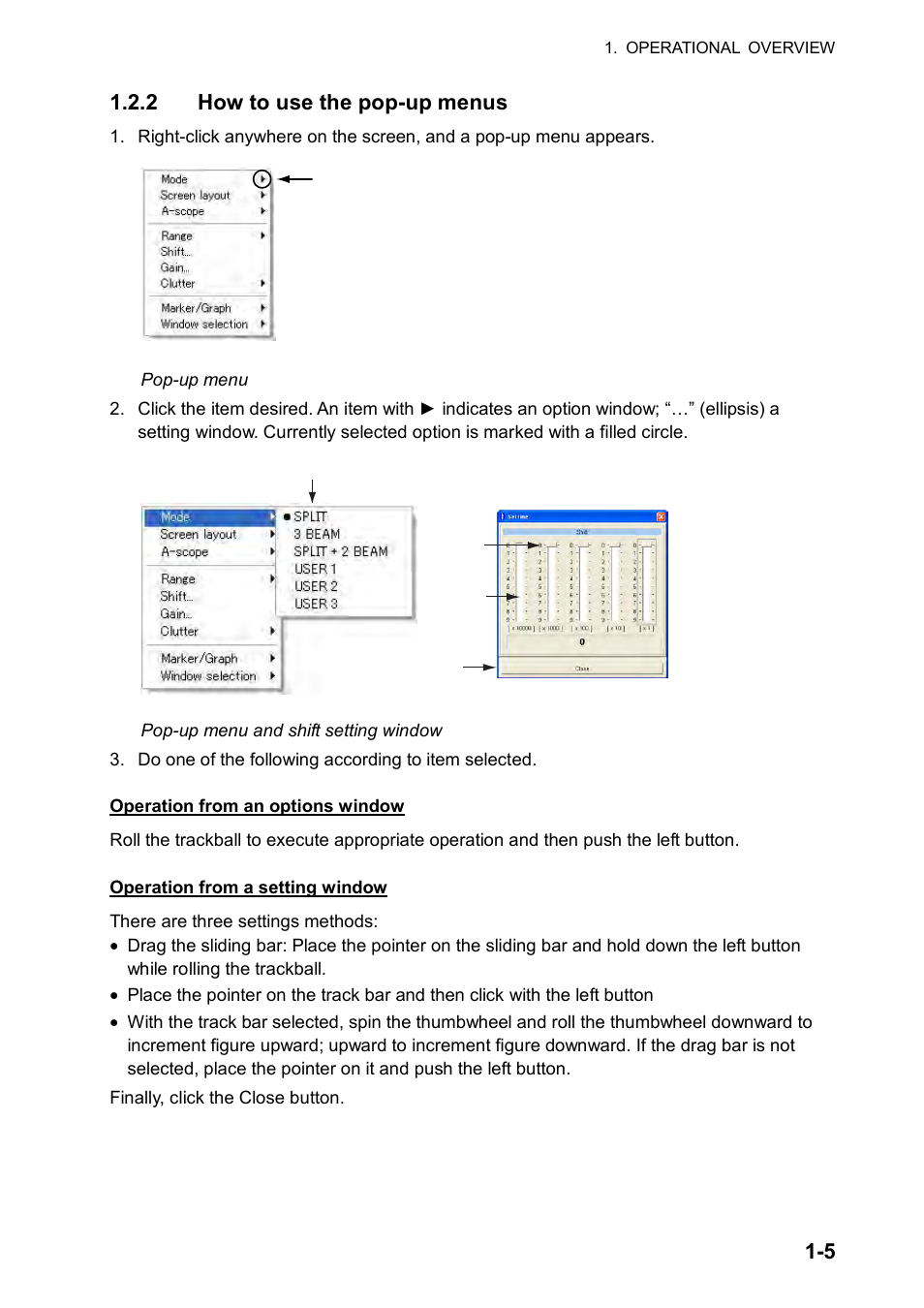 5 1.2.2 how to use the pop-up menus | Furuno FCV-30 User Manual | Page 15 / 110