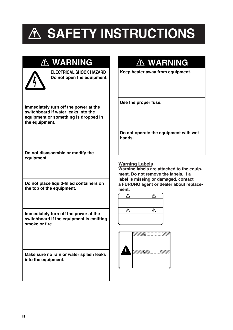 Safety instructions, Warning | Furuno FCV-30 User Manual | Page 4 / 110